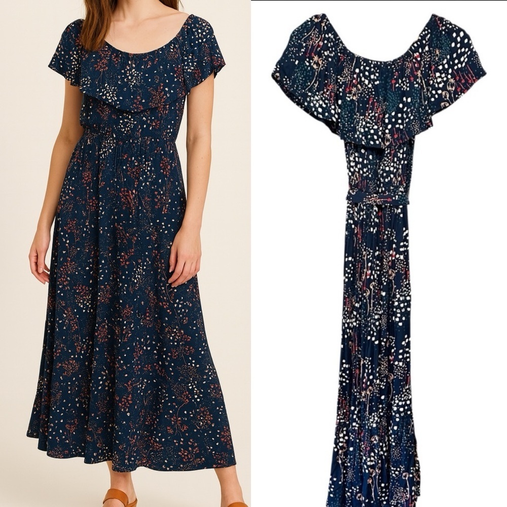 Margaux Riviera Dark Blue Floral Boho Off-Shoulder Ruffle Maxi Dress Small